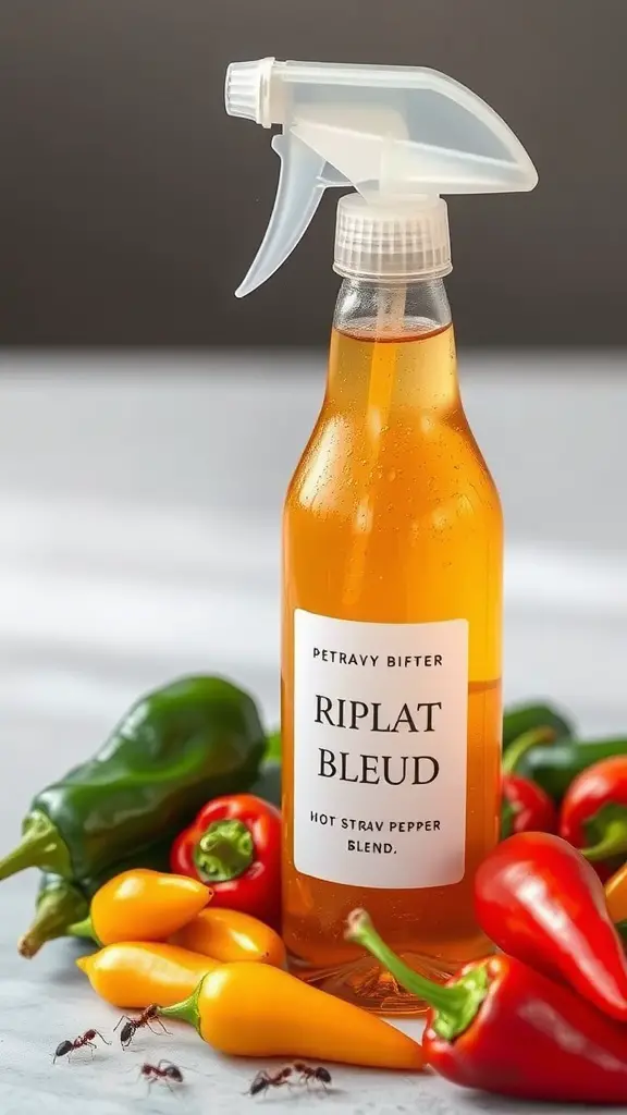 15 Effective DIY Indoor Ant Repellents You Can Make at Home 16 A bottle of hot pepper spray surrounded by various chili peppers and ants