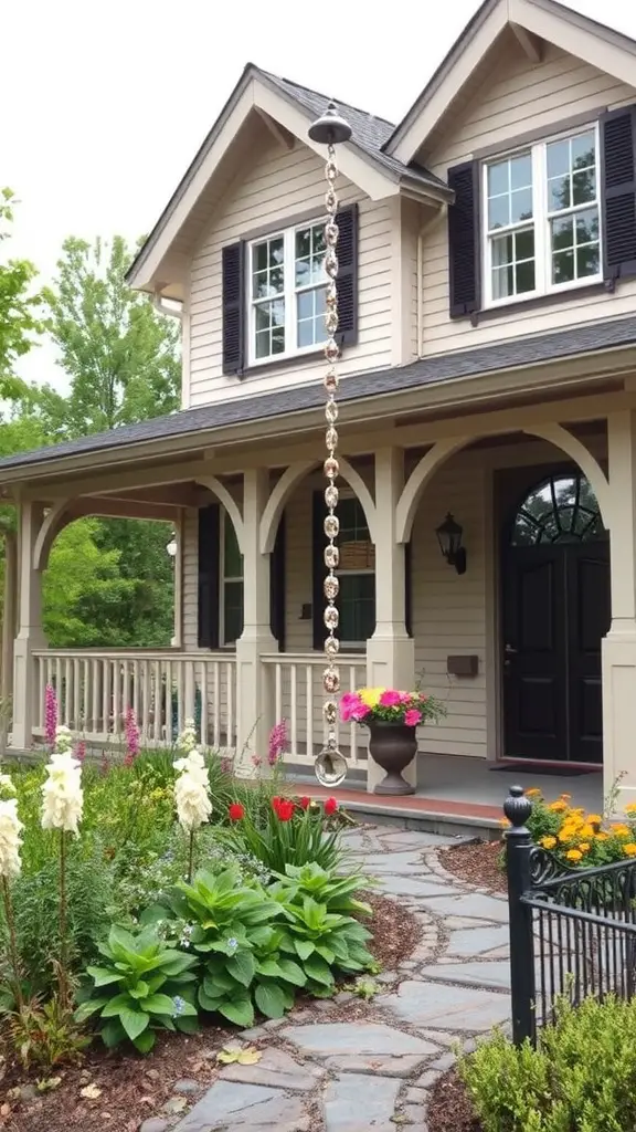25 Creative Rain Chain Drainage Ideas for Your Home 9 A rain chain enhancing the curb appeal of a house with a beautiful garden