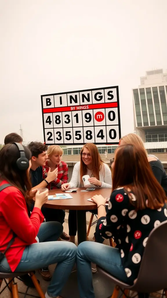Group of friends playing Human Bingo with a scoreboard