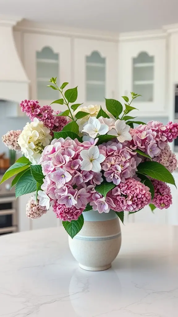 A floral centerpiece featuring pink and white hydrangeas and lilacs in a ceramic vase.