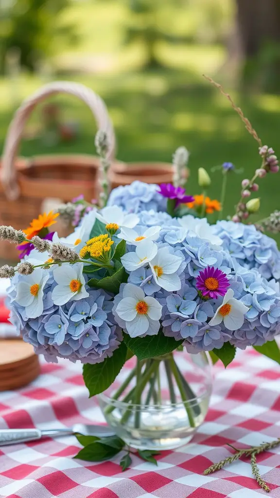 A beautiful centerpiece featuring hydrangeas and wildflowers on a checkered tablecloth.