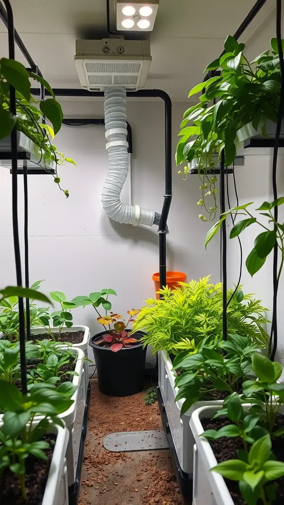 Hydroponic setup in a basement with LED lights and various plants growing in containers.