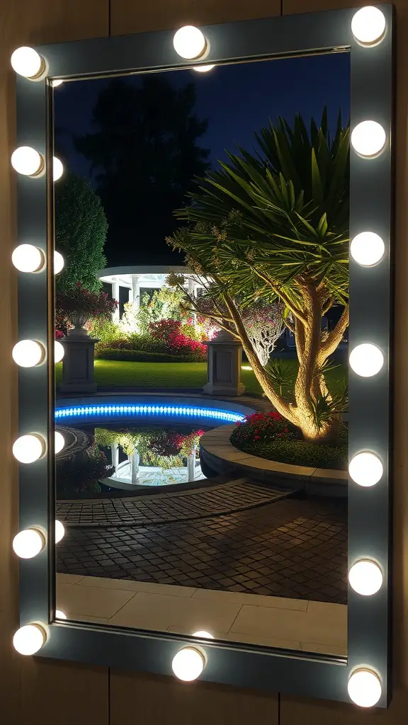 21 Stunning Garden Mirror Ideas to Transform Your Outdoor Space 14 A garden mirror surrounded by lights, reflecting lush greenery and a beautifully landscaped garden at night.