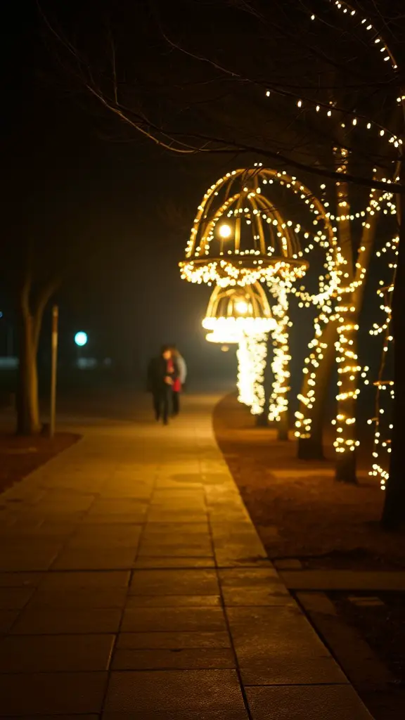 21 Stunning Pathway Landscaping Ideas to Enhance Your Outdoor Space 14 A softly illuminated pathway lined with lights and trees, creating a cozy atmosphere for evening walks.
