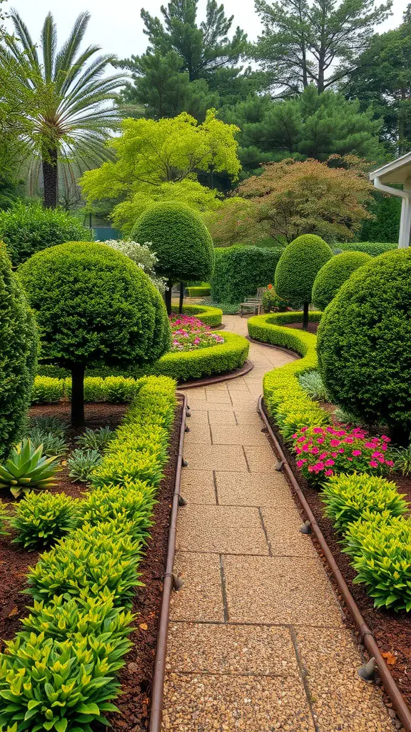 15 Creative Garden Irrigation Ideas for a Thriving Garden 15 A beautifully landscaped garden with manicured bushes, colorful flowers, and a stone pathway.
