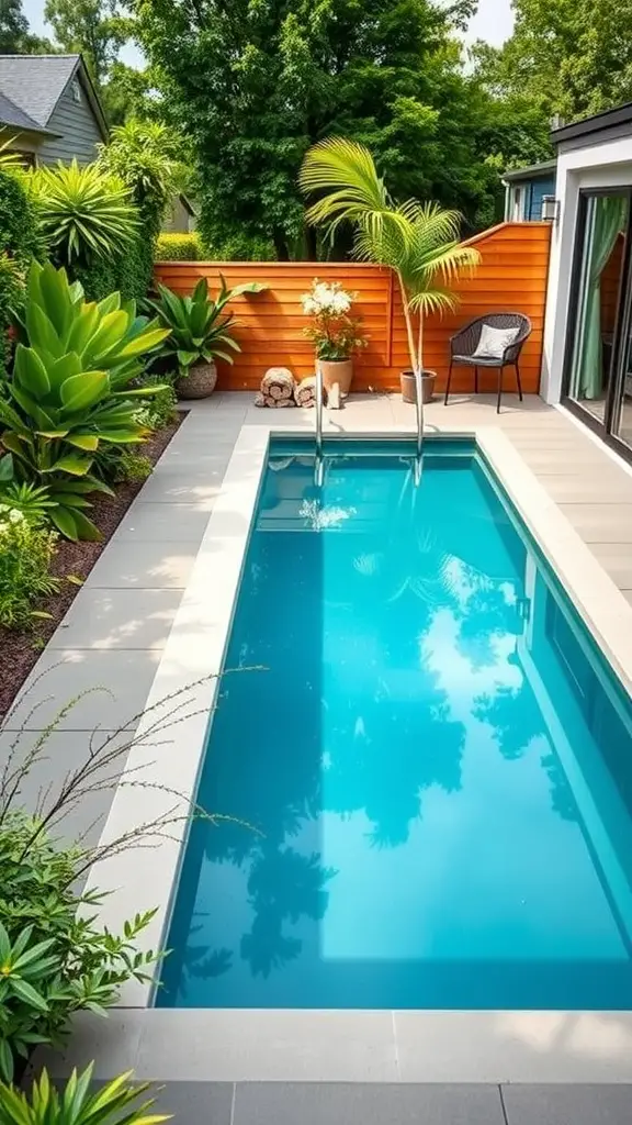 A compact in-ground lap pool surrounded by lush greenery and modern landscaping.
