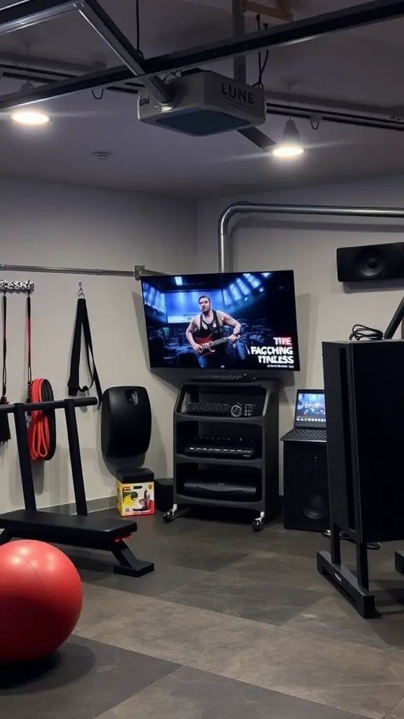 21 Inspiring Garage Gym Ideas for Your Home Workout Space 6 A modern garage gym featuring a large screen, sound system, and workout equipment.