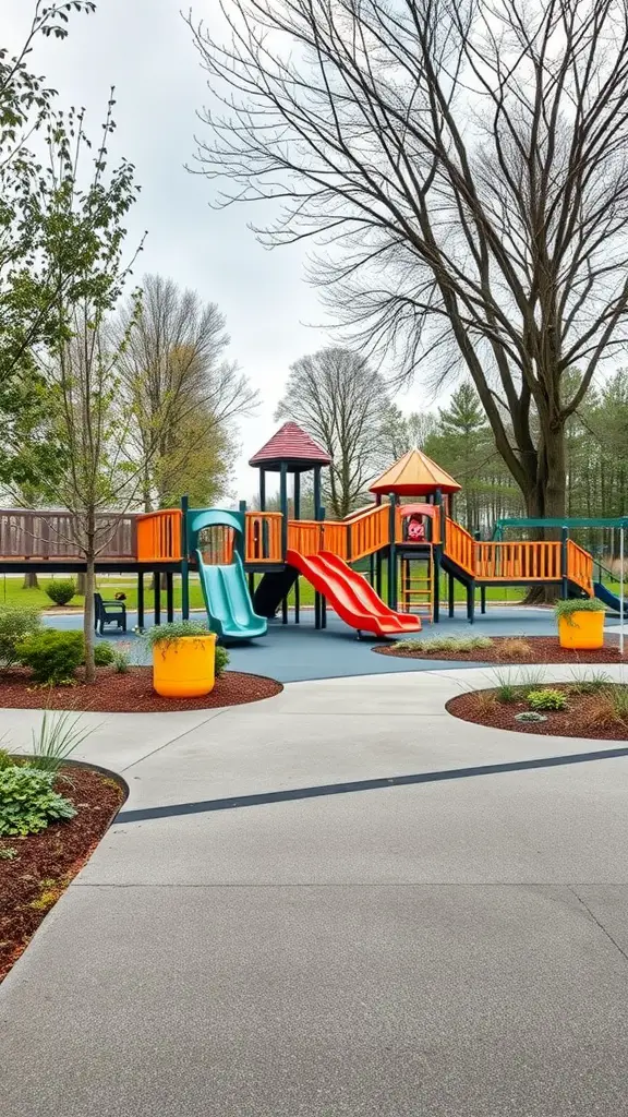23 Creative Playground Landscaping Ideas for Endless Fun 6 A colorful playground designed for inclusivity, featuring slides and ramps, surrounded by landscaped areas.