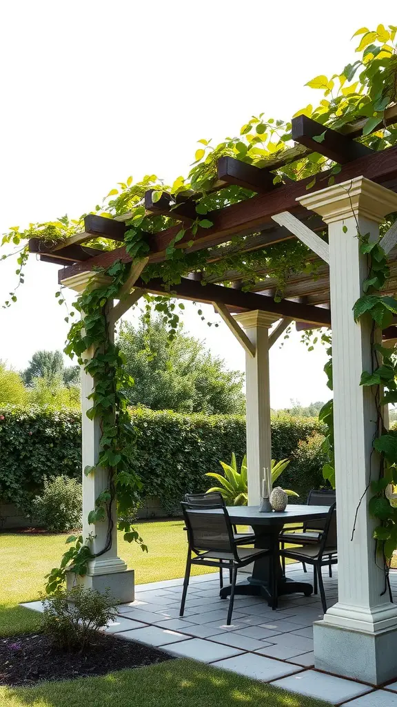 13 Stunning Backyard Makeover Ideas for Your Outdoor Oasis 11 A wooden pergola with climbing plants over a dining set in a backyard.