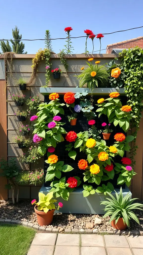 13 Stunning Backyard Makeover Ideas for Your Outdoor Oasis 8 A vibrant vertical garden with colorful flowers and greenery mounted on a wall