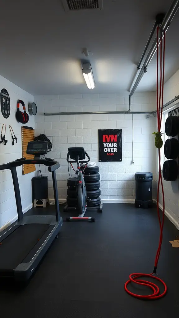 21 Inspiring Garage Gym Ideas for Your Home Workout Space 17 A garage gym cardio zone featuring a treadmill, stationary bike, resistance bands, and motivational posters.