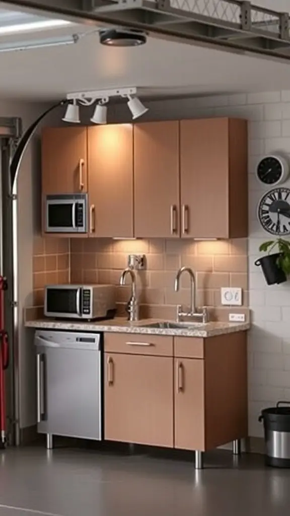25 Creative Garage Living Space Ideas to Transform Your Home 4 Mini kitchenette in a garage living space featuring wood cabinetry, countertop, microwave, dishwasher, and modern lighting.