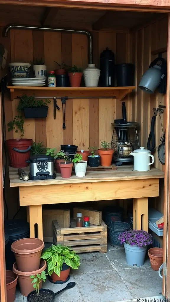 23 Genius Shed Organization Tips for Small Spaces 14 A cozy potting bench in a shed with various plants, pots, and gardening tools organized on a wooden shelf.