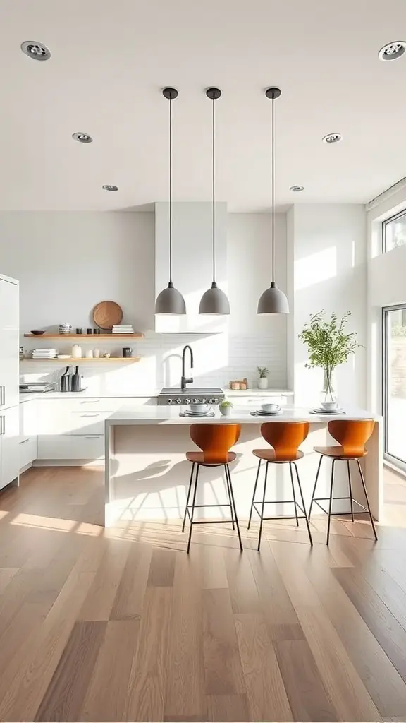23 Stunning Open Kitchen Ideas for a Modern Home 6 Modern open kitchen featuring a central island with orange stools and stylish lighting.