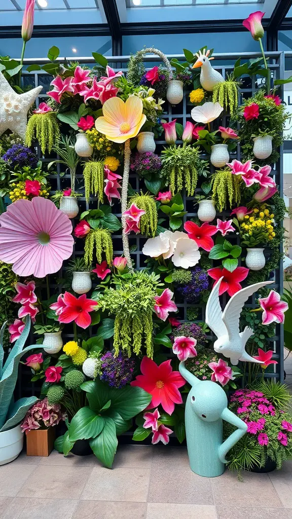 25 Stunning Floral Indoor Plant Wall Ideas for Your Home 2 A colorful indoor plant wall featuring bright flowers, foliage, and playful art elements.