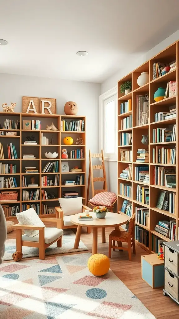 A cozy playroom with bookshelves filled with books and toys, featuring a small table and chairs.