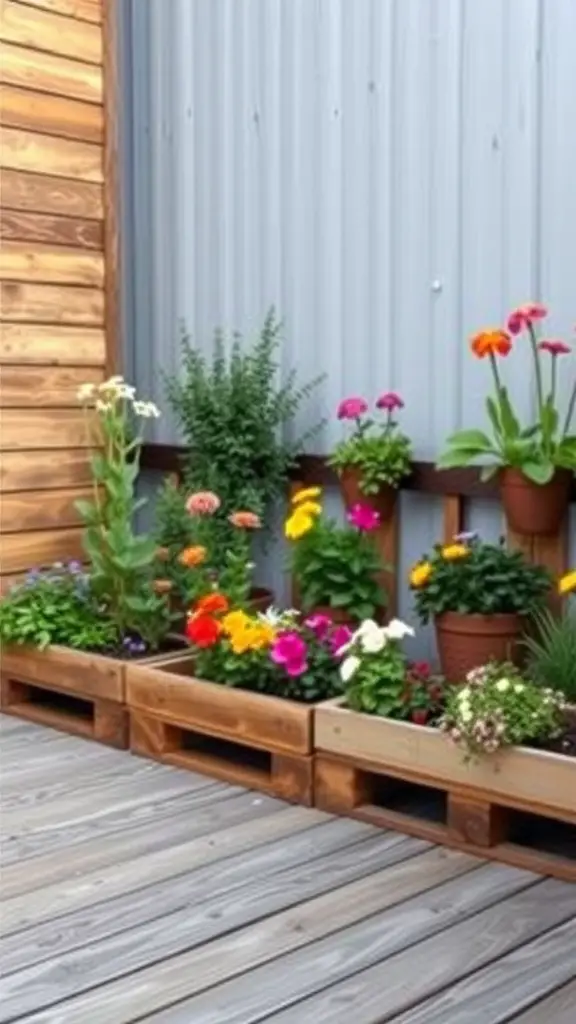 15 Creative DIY Ideas for a Stunning Pallet Deck 15 Colorful flowers in wooden planters on a pallet deck