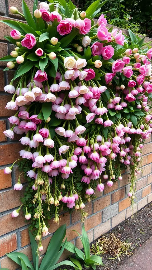 19 Stunning Floral Garden Ideas Featuring Beautiful Bulbs 5 A vertical garden featuring pink and white tulips and roses mounted on a brick wall.