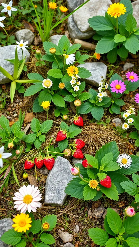 23 Stunning Alpine Garden Ideas for a Breathtaking Landscape 16 Colorful alpine garden featuring strawberries and various flowers among stones.