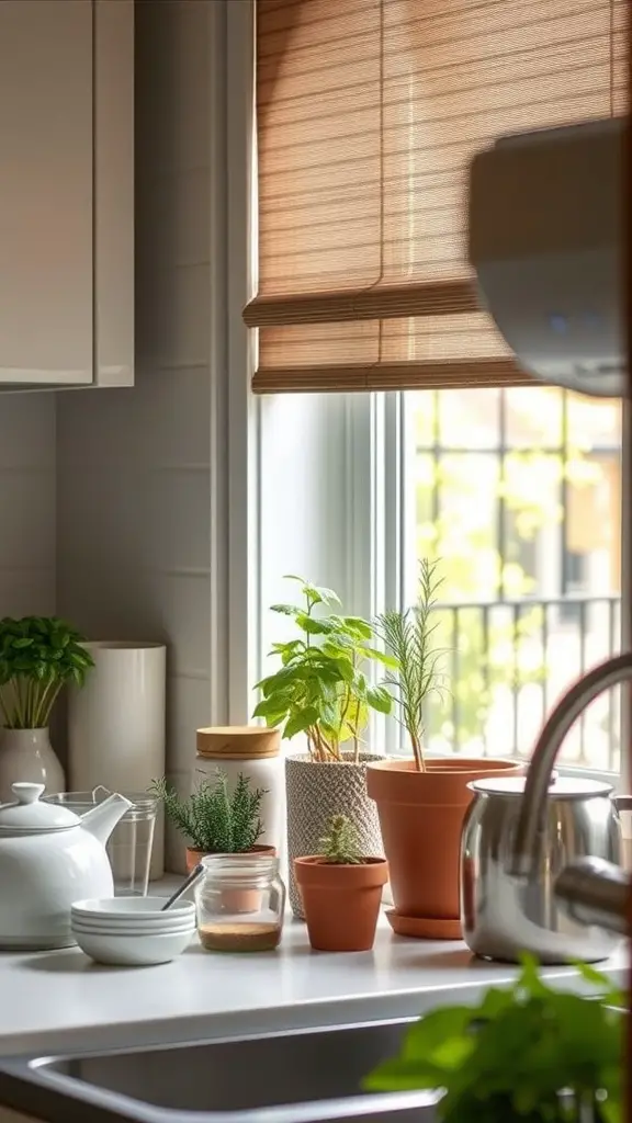 23 Creative Ways to Decorate with Plants in Your Home 5 A cozy kitchen countertop with various potted edible plants like basil and rosemary, alongside white dishes and glass jars.