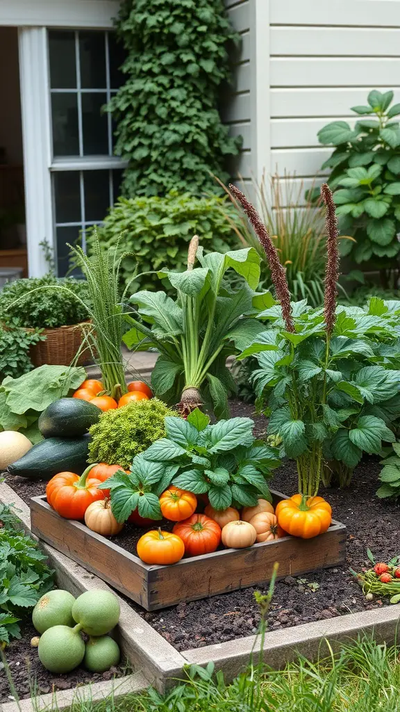 19 Stunning Landscaping Ideas for Your Home's Exterior 17 A vibrant garden featuring various edible plants including tomatoes, zucchinis, and leafy greens, arranged in a wooden planter.