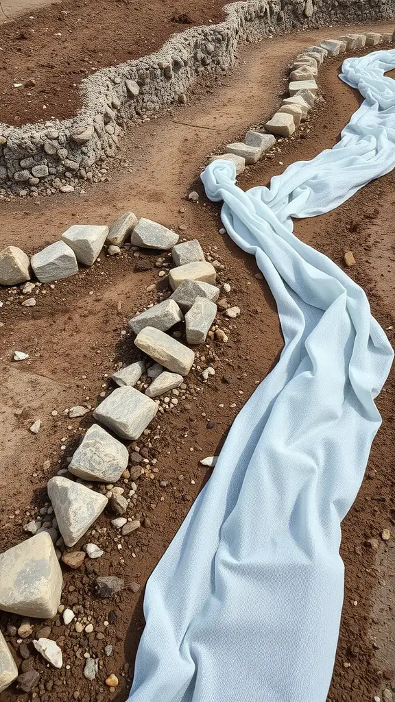 15 Innovative Dry Rock Bed Ideas for Effective Drainage Solutions 2 A dry rock bed with large stones and a textured fabric, demonstrating a drainage solution that incorporates geotextiles.