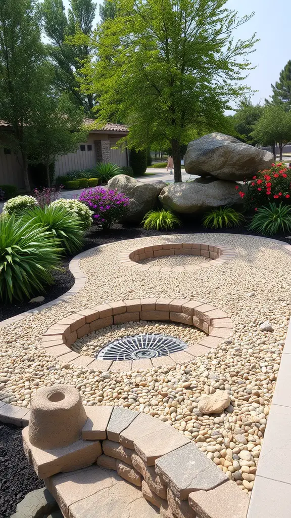 15 Creative Rock Drainage Landscaping Ideas for Your Outdoor Space 8 A landscaped area featuring gravel pits, large stones, and colorful flowers, designed for efficient drainage.