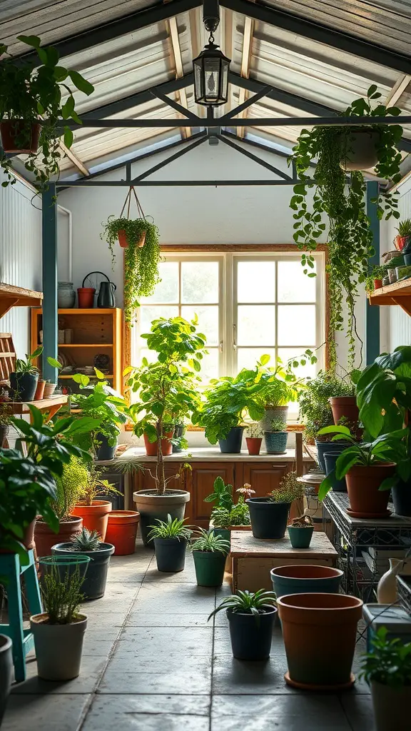 25 Creative Garage Living Space Ideas to Transform Your Home 13 Indoor garden with various plants in pots, sunlight streaming through a window