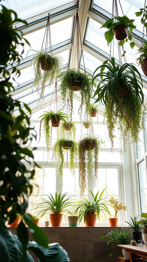A sunroom with hanging plants creating a vibrant and fresh atmosphere.
