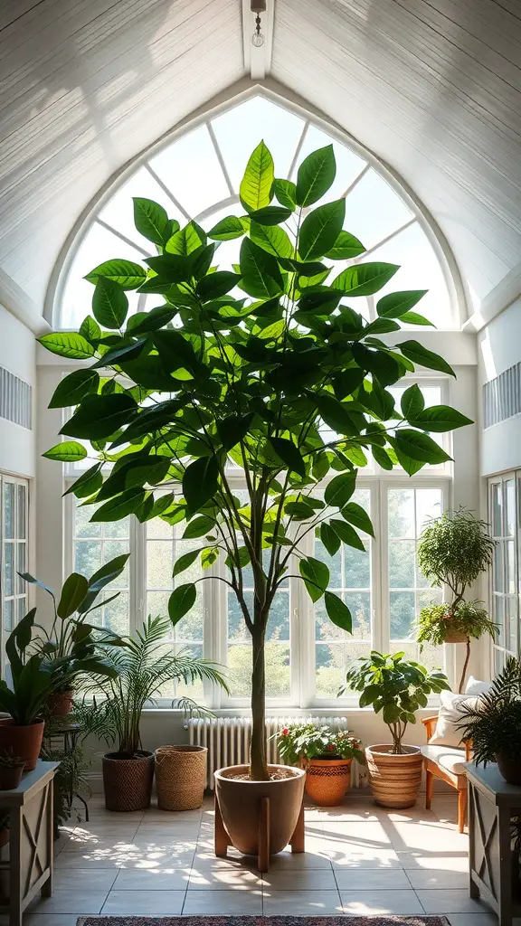A sunroom featuring a large indoor tree surrounded by smaller plants and plenty of natural light.