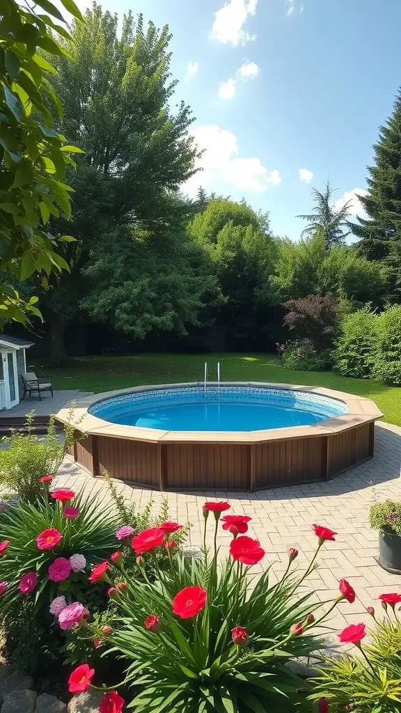 21 Stunning Above Ground Pool Deck Designs for Your Backyard 6 A beautiful above ground pool surrounded by vibrant flowers and lush greenery.