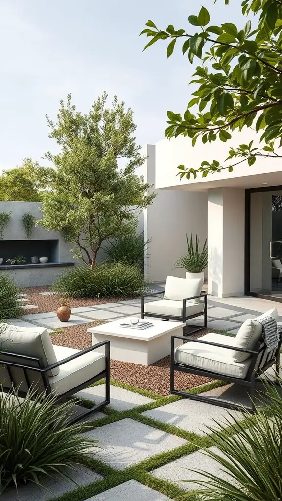 23 Inspiring Modern Garden Ideas to Transform Your Outdoor Space 13 A modern garden featuring minimalist furniture with black-framed chairs and a white table surrounded by greenery.