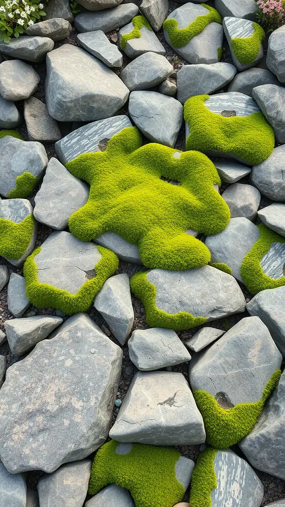 25 Unique Moss Garden Ideas for Your Outdoor Space 7 Moss growing on rocks in a garden setting.