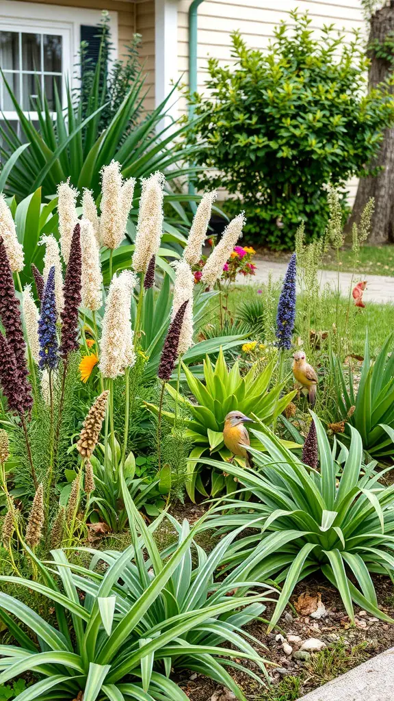 13 Simple Landscaping Ideas for Your Front Yard 9 A front yard garden featuring native plants, including tall flower stalks and lush green foliage, with birds perched among the plants.