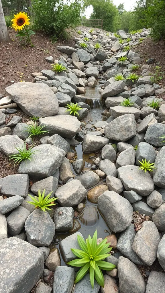 15 Creative Rock Drainage Landscaping Ideas for Your Outdoor Space 14 A rock drainage area with native plants and a sunflower, showcasing a natural water flow.