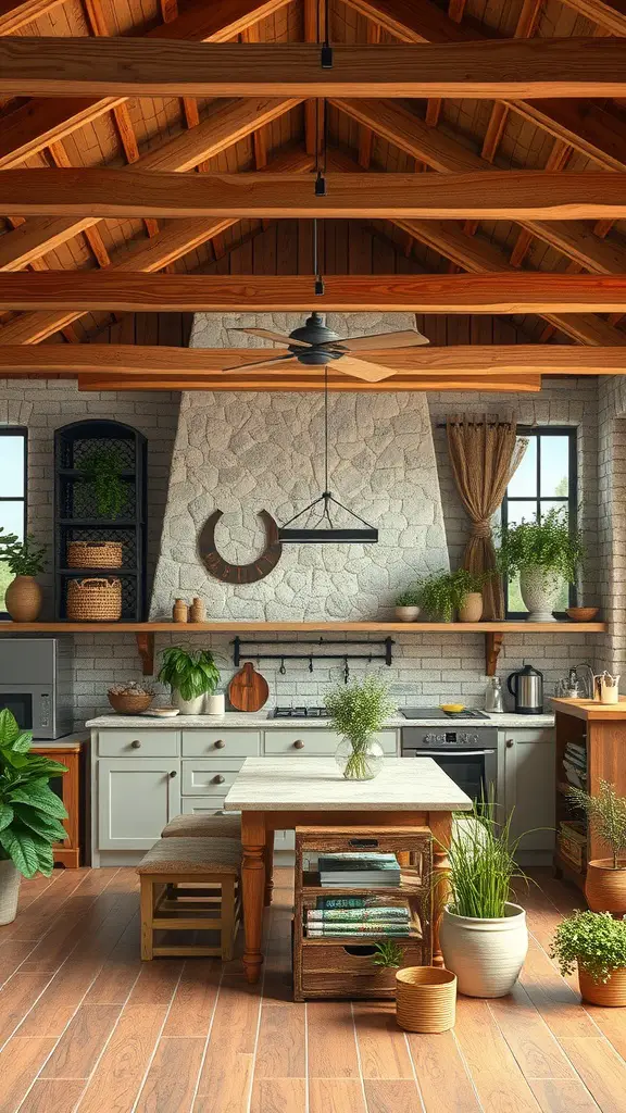 23 Stunning Open Kitchen Ideas for a Modern Home 16 A beautifully designed open kitchen with wooden beams, stone accents, and potted plants.
