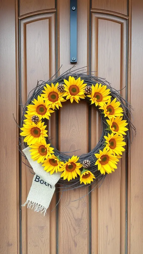 A sunflower wreath with a burlap tag saying 'Born' hanging on a wooden door.