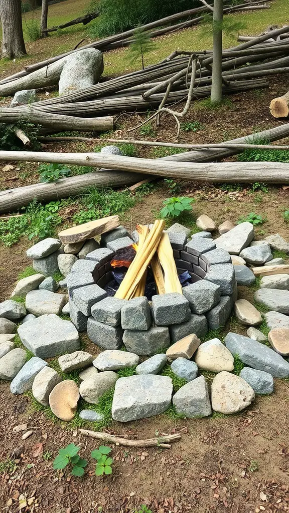 17 Stunning Outdoor Fire Pit Area Ideas for Cozy Gatherings 2 A cozy fire pit area with a stone ring and logs ready to be lit, surrounded by greenery.
