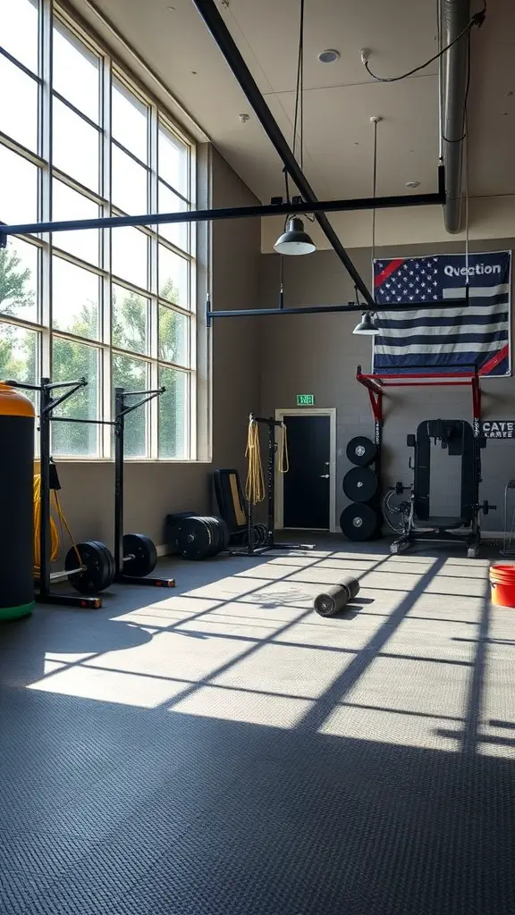21 Inspiring Garage Gym Ideas for Your Home Workout Space 7 A spacious gym with large windows allowing natural light, featuring workout equipment and a flag on the wall.