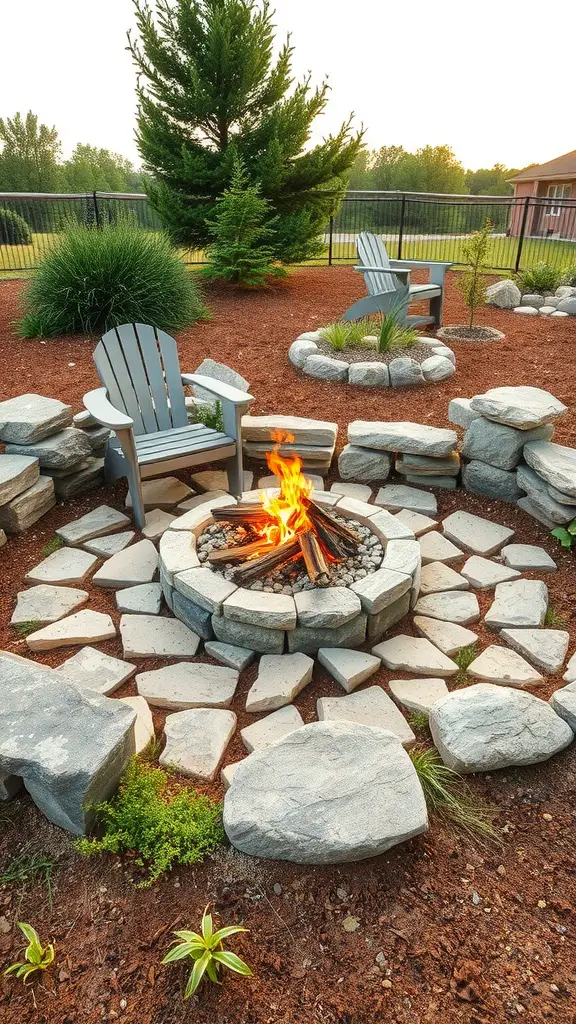 15 Stunning Fire Pit Landscaping Ideas for Your Outdoor Space 7 A fire pit surrounded by natural stones and plants, with two chairs nearby.