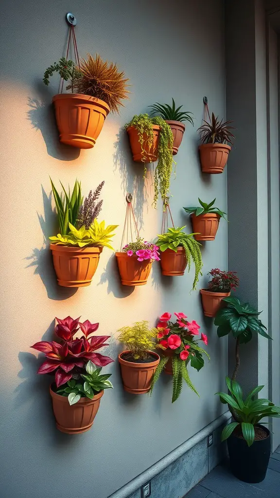 23 Creative Ways to Decorate with Plants in Your Home 16 Wall-mounted planters with various plants in terracotta pots