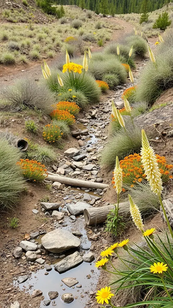 A dry creek bed with colorful flowers and rocky features, illustrating a natural drainage solution.