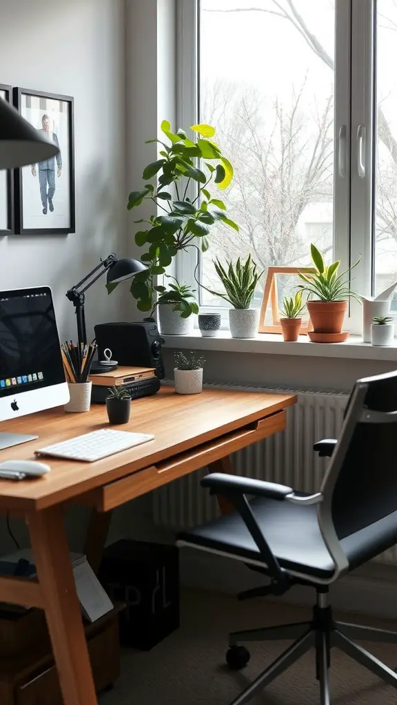 19 Indoor Plant Styling Ideas to Elevate Your Space 4 A stylish workspace featuring a wooden desk, computer, and an assortment of indoor plants on the window sill.