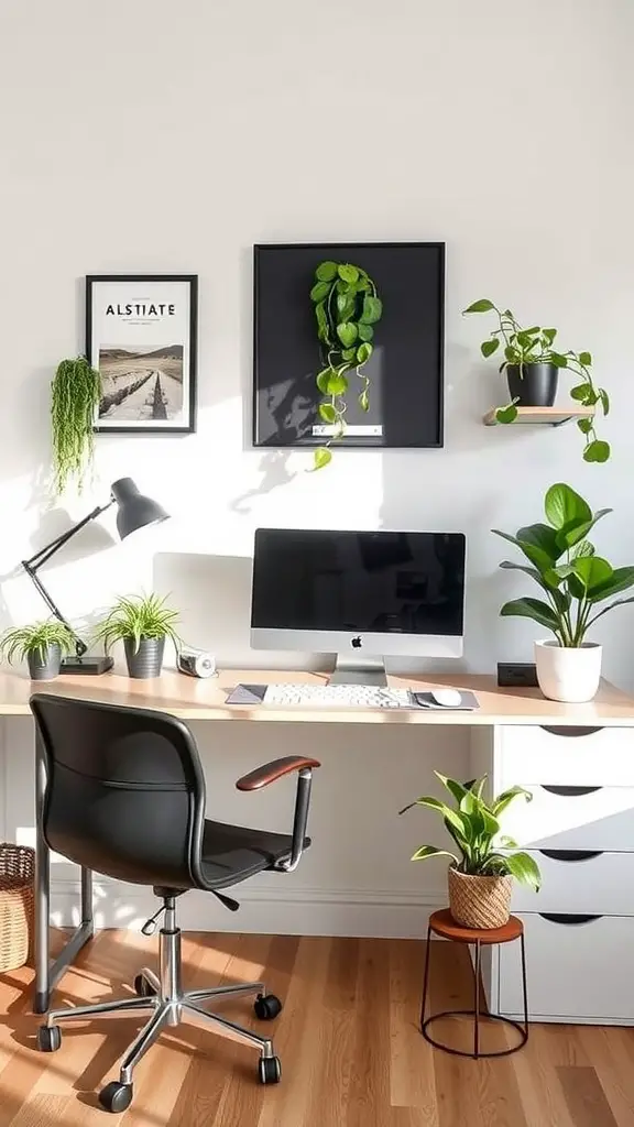 A modern office space with a desk, computer, and various plants arranged stylishly in pots.