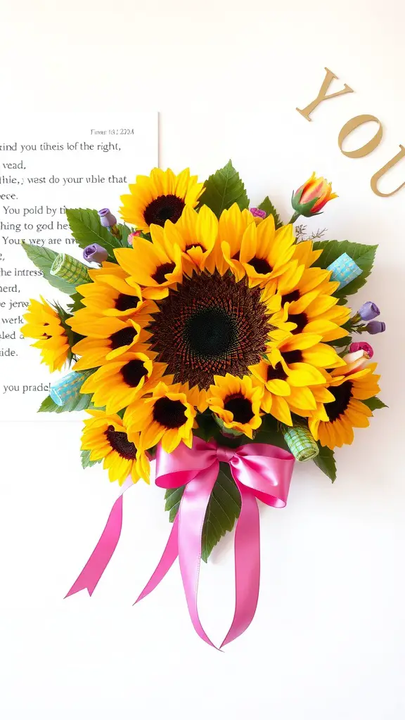 A beautiful sunflower arrangement with a pink bow, showcasing vibrant colors.