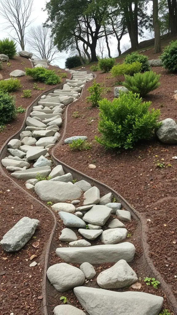 19 Creative River Rock Landscaping Ideas for Your Garden 16 A sloped garden featuring a winding path made of river rocks with lush greenery on both sides.