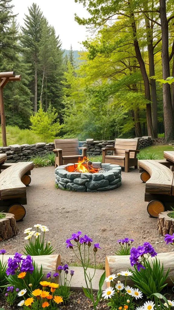 15 Stunning Fire Pit Landscaping Ideas for Your Outdoor Space 12 A fire pit area with log seating, surrounded by colorful flowers and tall trees.