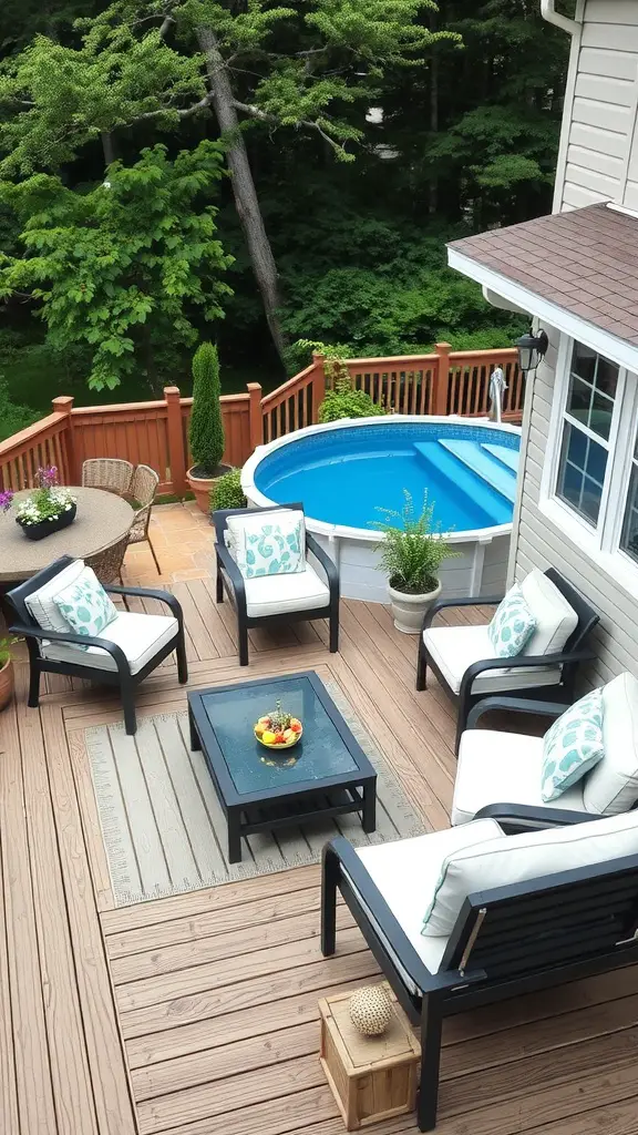 21 Stunning Above Ground Pool Deck Designs for Your Backyard 9 A cozy seating area with black chairs and a glass table next to a blue above ground pool on a wooden deck.