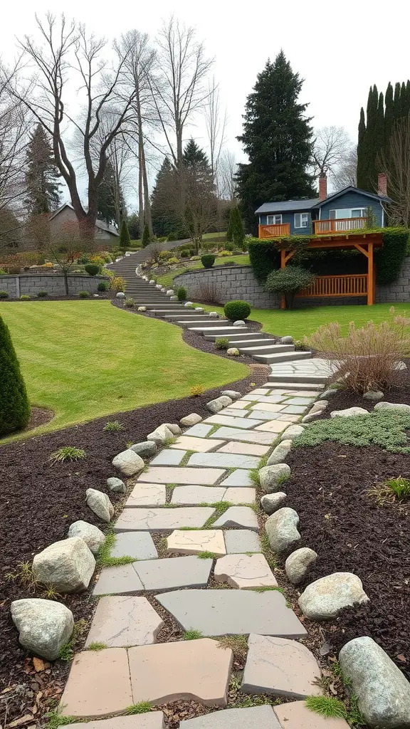 21 Creative Sloped Backyard Landscaping Ideas You’ll Love 6 A landscaped sloped backyard featuring a winding stone pathway, steps, and greenery.