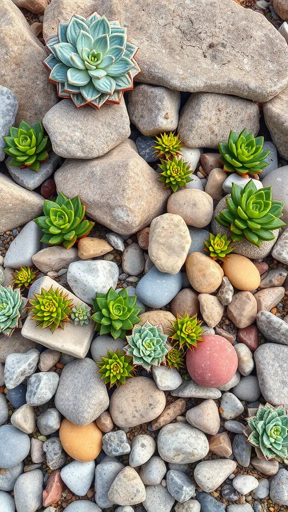 19 Inspiring Rock Garden Ideas for Your Outdoor Space 7 A rock garden featuring various succulents among smooth and textured stones.